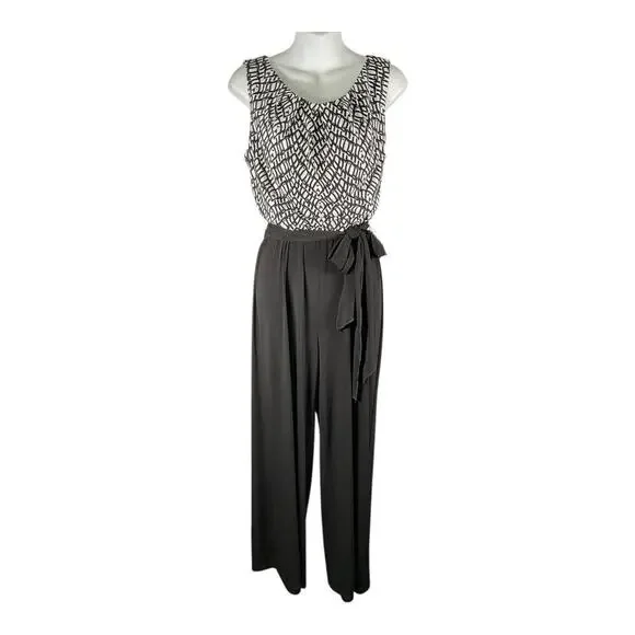 ROZ& Ali Black White Sleeveless Jumpsuit W/ Tie Waist Elegant Wide Leg Size 10P - Picture 4 of 10